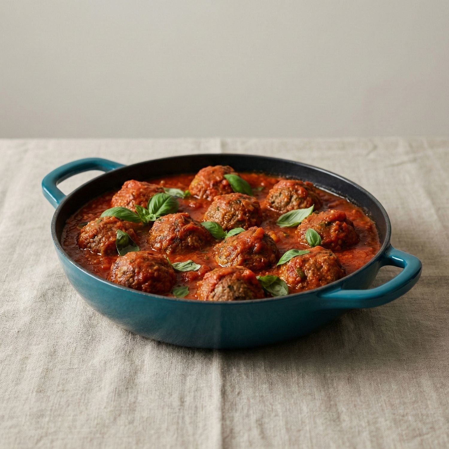 Blue skillet with meatballs in tomato sauce on a textured surface