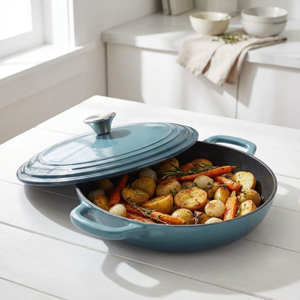 Blue cast iron shallow casserole dish with roasted vegetables on a white surface