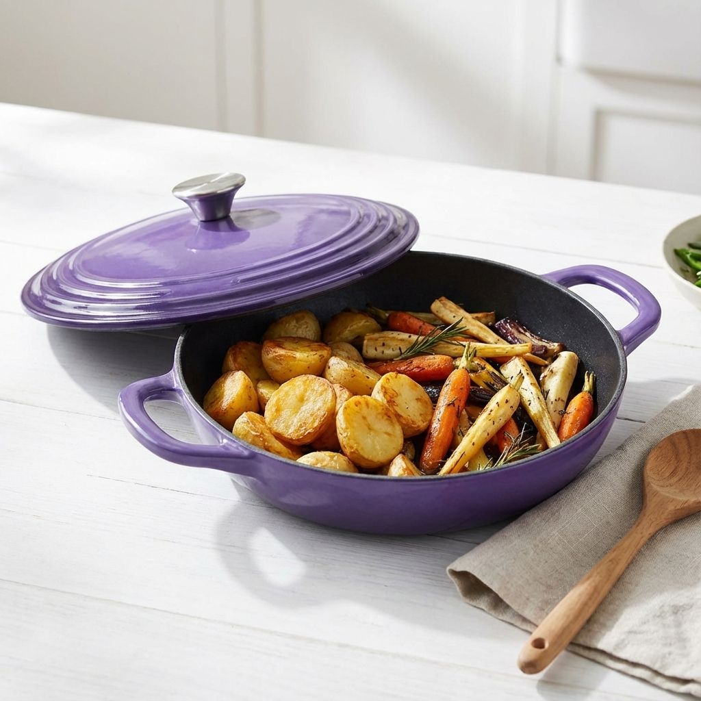 Purple cast iron skillet with roasted vegetables on a white surface