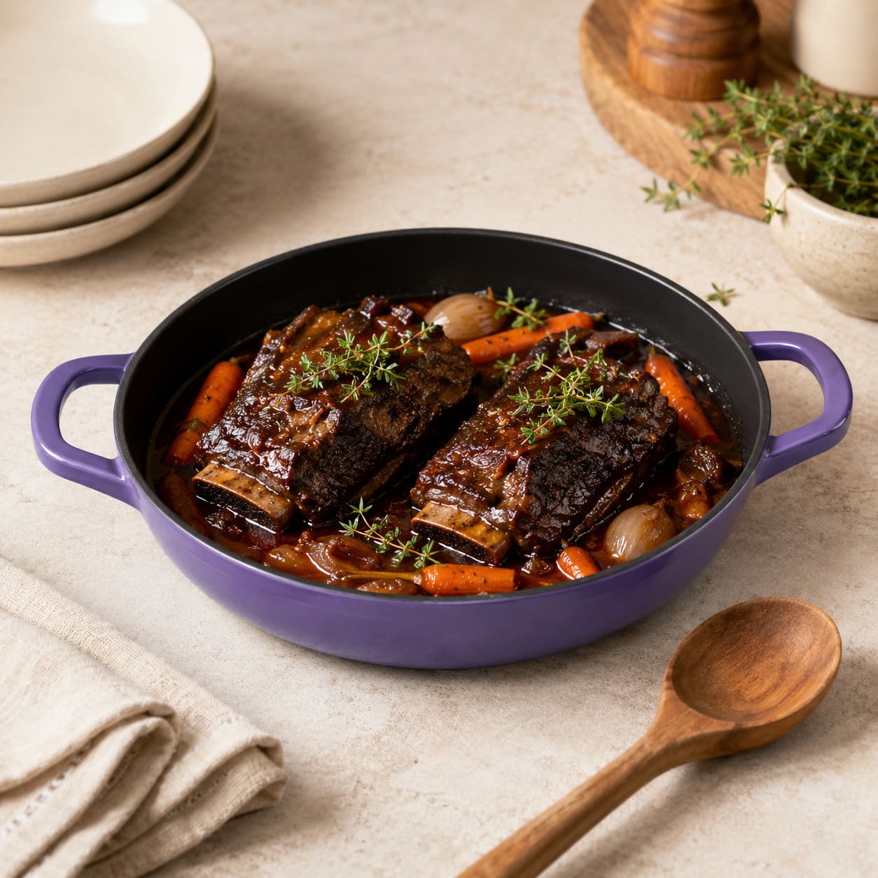 iris purple enamelled cast iron shallow casserole dish with two side handles, filled with stew