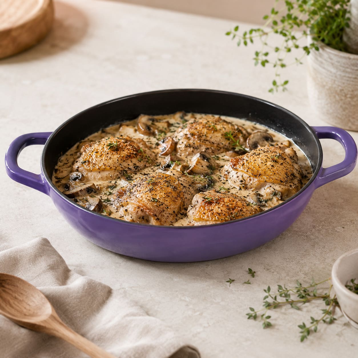 Iris purple enamelled cast iron shallow casserole with two side handles
