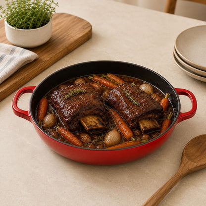 Cherry red enamelled cast iron shallow casserole with side handles