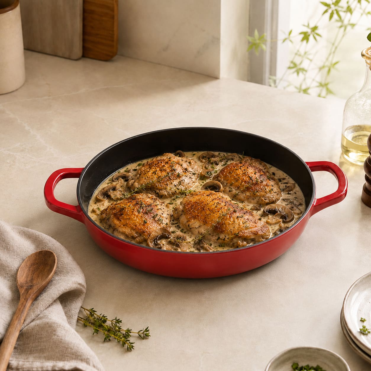 Cherry Red enamelled cast iron shallow casserole with black interior and side handles, baked chicken and herbs