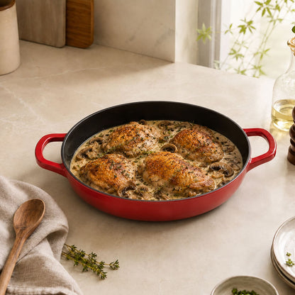 Cherry Red enamelled cast iron shallow casserole with black interior and side handles, baked chicken and herbs