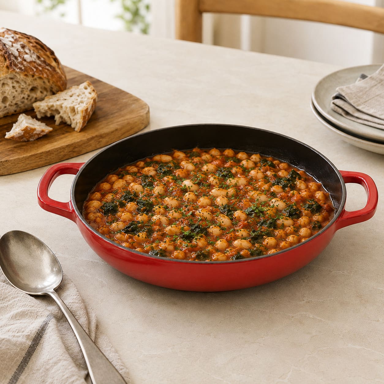 Cherry red enamelled cast iron shallow casserole with side handles, filled with peas