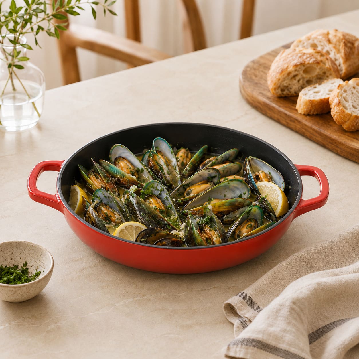 Cherry Red enamelled cast iron shallow casserole with black interior and side handles, mussels with lemon
