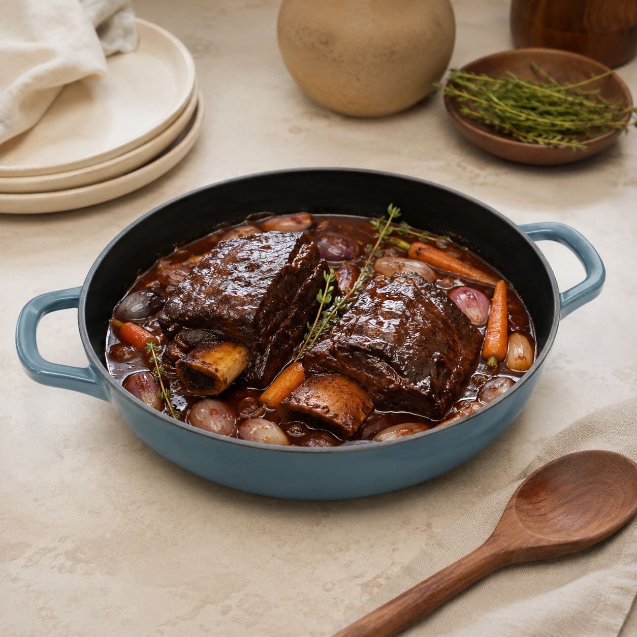 slate blue enamelled cast iron shallow casserole with side handles, filled with stew