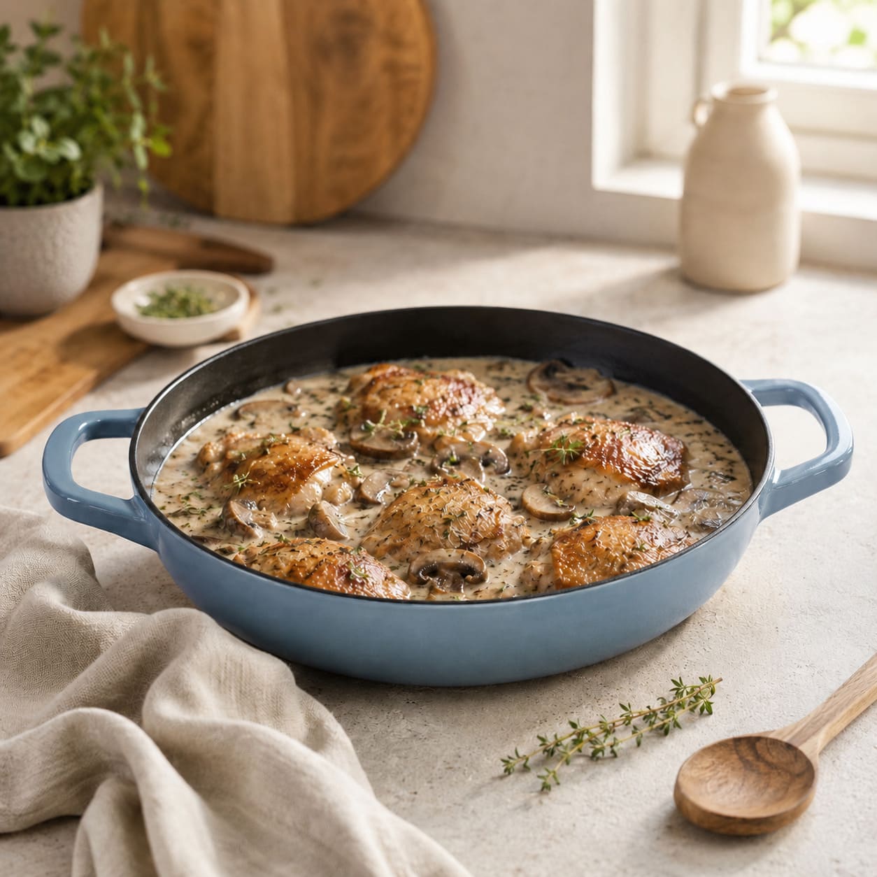 Slate blue enamelled cast iron shallow casserole with two side handles