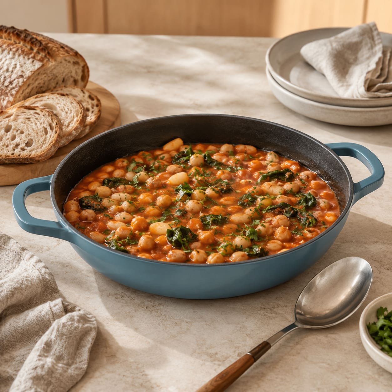 slate blue enamelled cast iron shallow casserole with two side handles, filled with soup