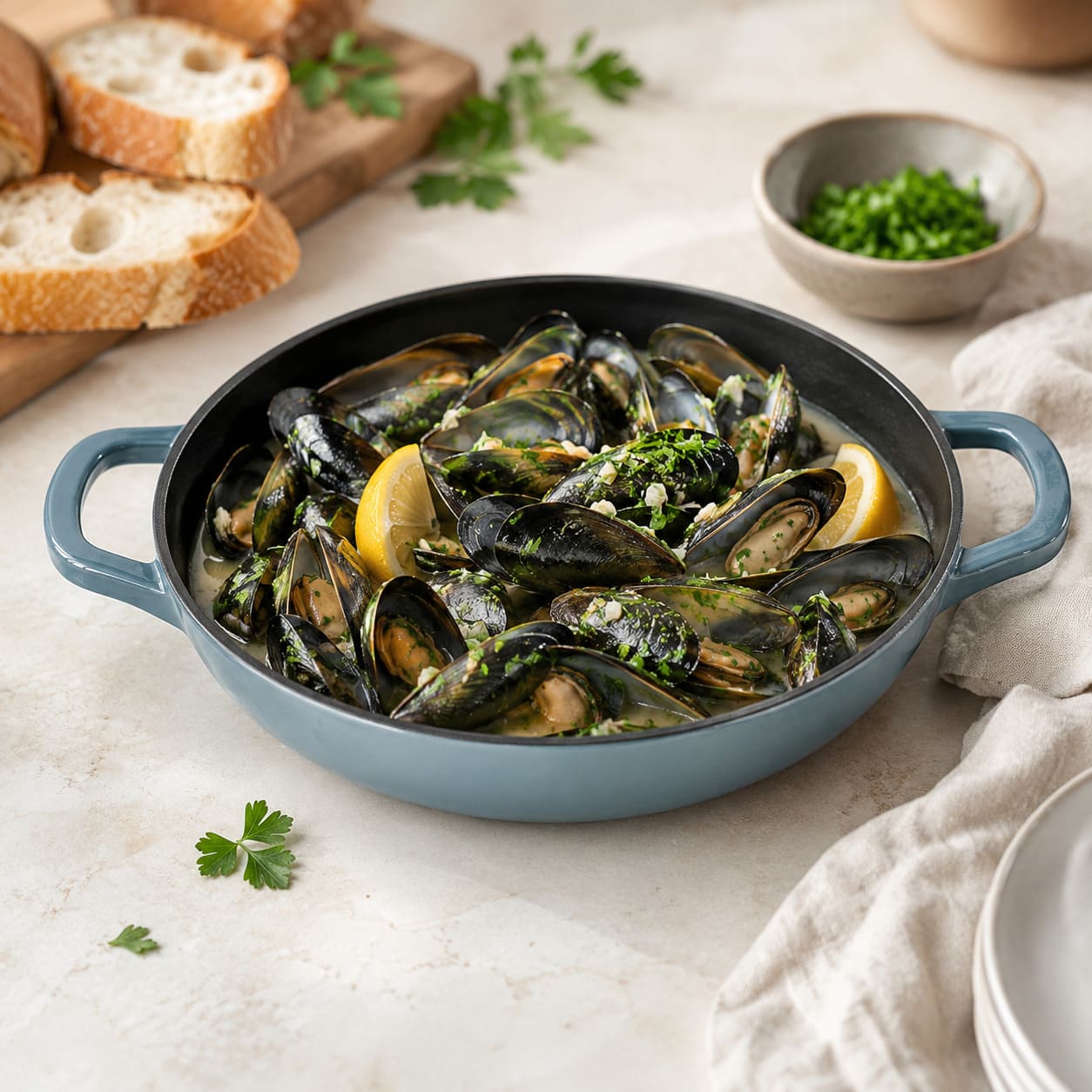 slate blue enamelled cast iron shallow casserole with side handles, filled with mussels