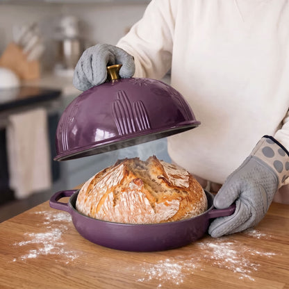 Plum purple enamelled cast iron bread oven with domed lid and brass knob