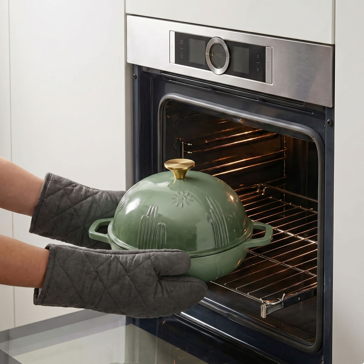 Enamelled cast iron bread oven in sage green