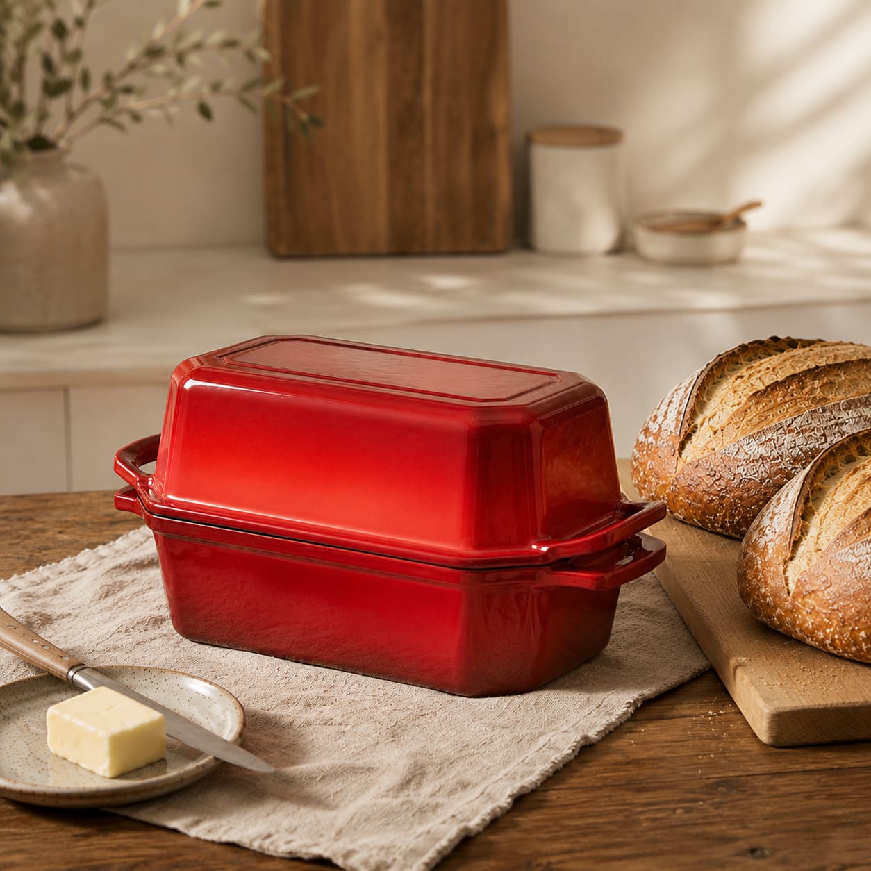 enameled cast iron loaf pan for sourdough 23 x 13 cm cherry red