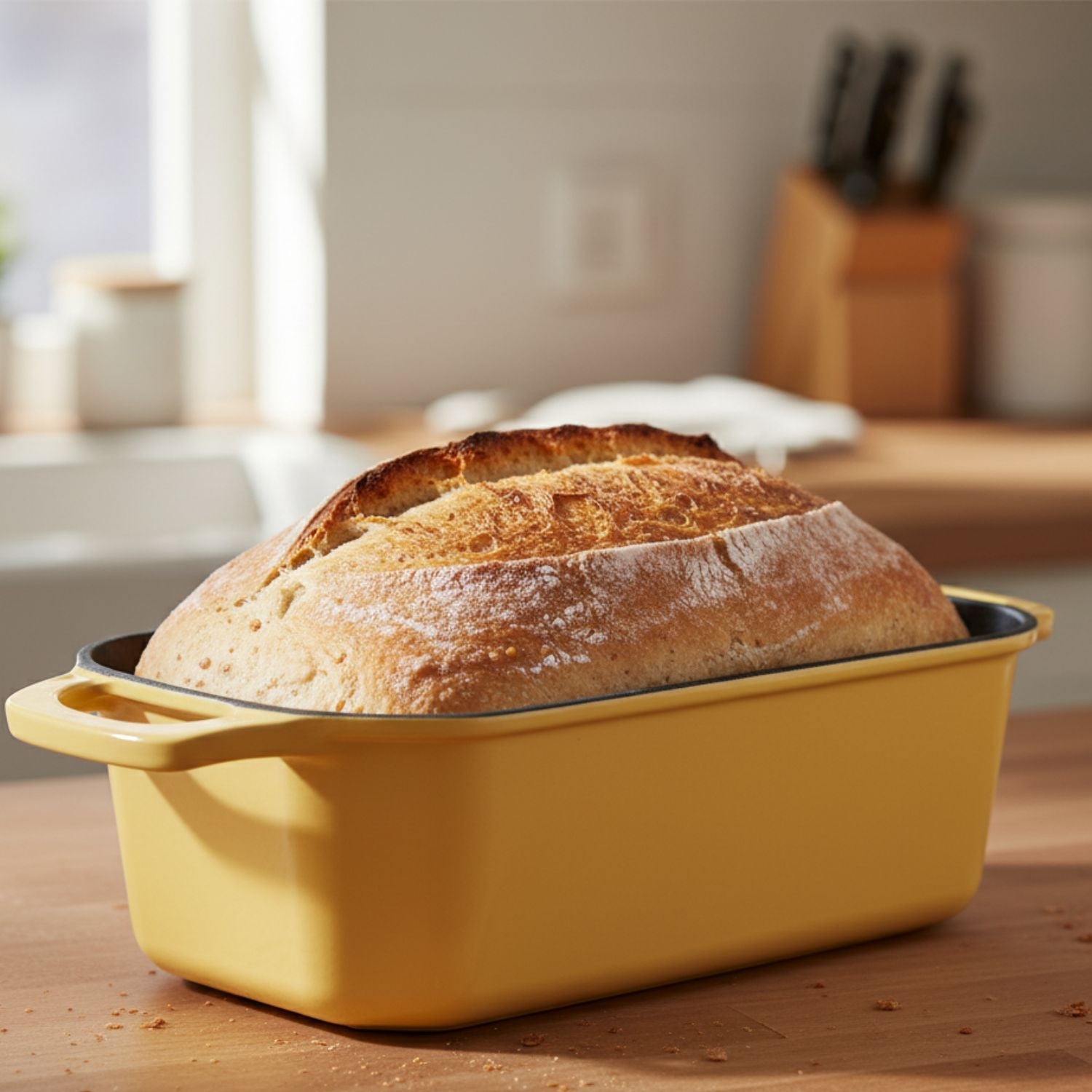 Loaf of bread in a yellow baking dish on a wooden surface with a kitchen background.
