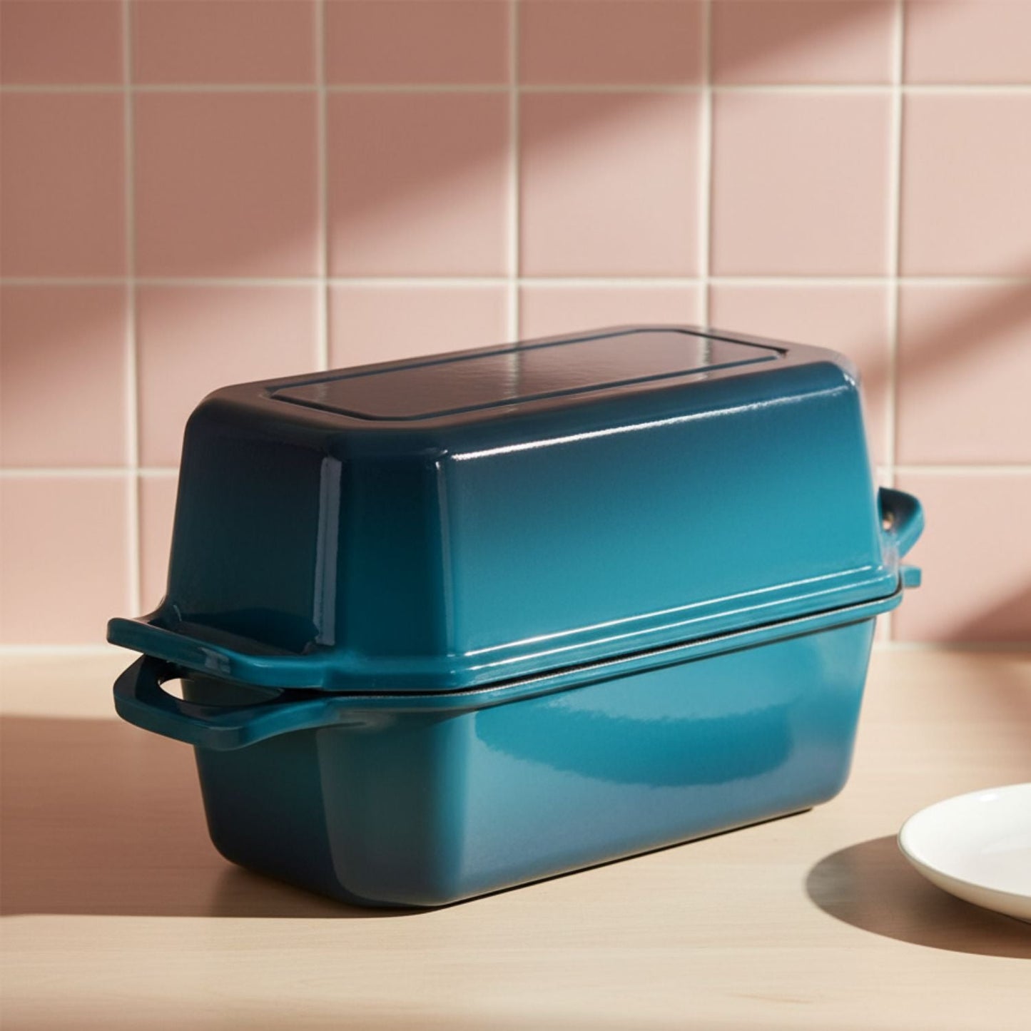 Blue bread loaf pan with a lid on a kitchen counter against a tiled wall.