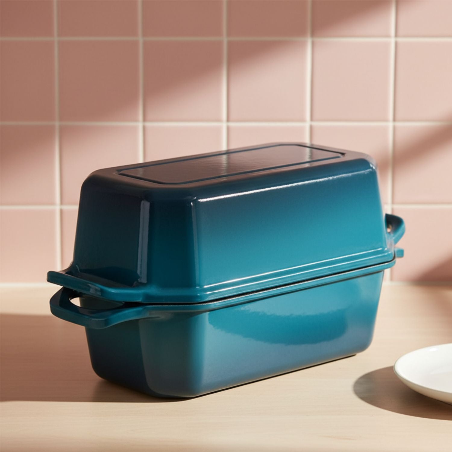 Blue bread loaf pan with a lid on a kitchen counter against a tiled wall.