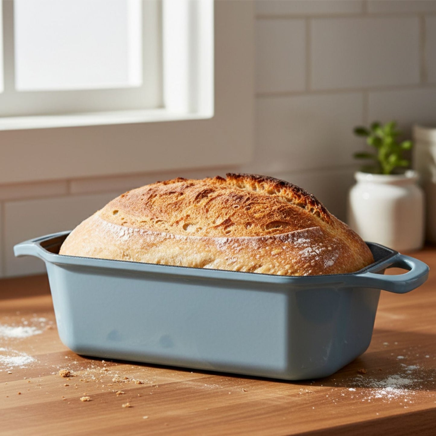 Loaf of bread in a blue baking dish on a wooden table with a window and plant in the background.