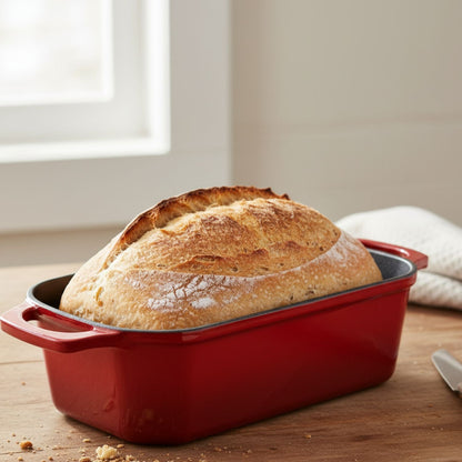 Loaf of bread in a red baking dish on a wooden surface