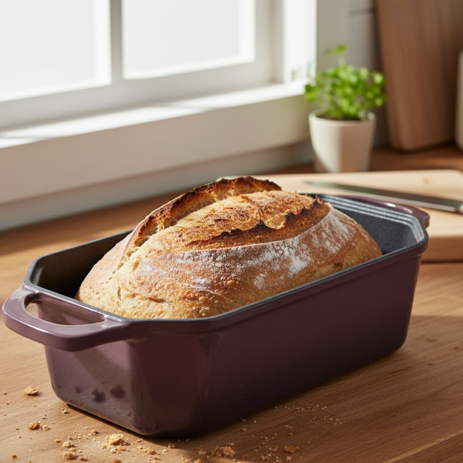 Loaf of bread in a dark purple cast iron loaf pan baking dish on a wooden surface with a window in the background.