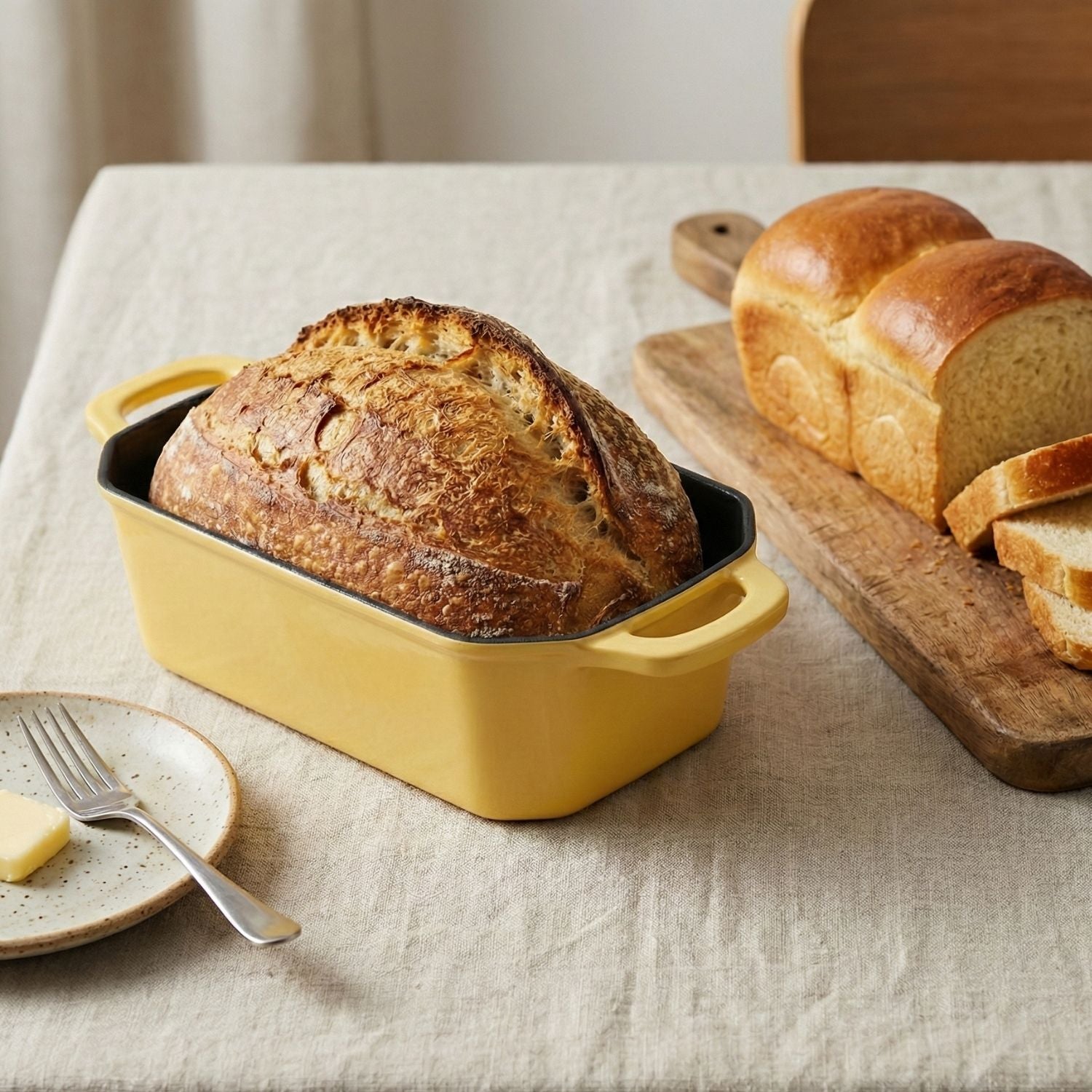 Loaf of bread in a yellow loaf pan on a table with a sliced loaf on a wooden board.