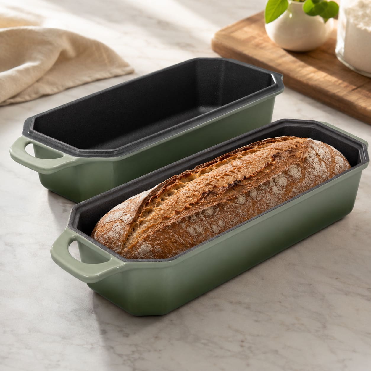 enameled cast iron long loaf pan 33 x 13 cm sage green