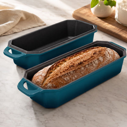 enameled cast iron long loaf pan 33 x 13 cm dark cyan