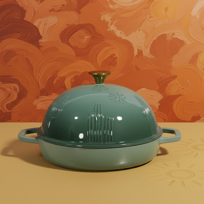Green ceramic pot with lid on a yellow surface with an orange patterned background