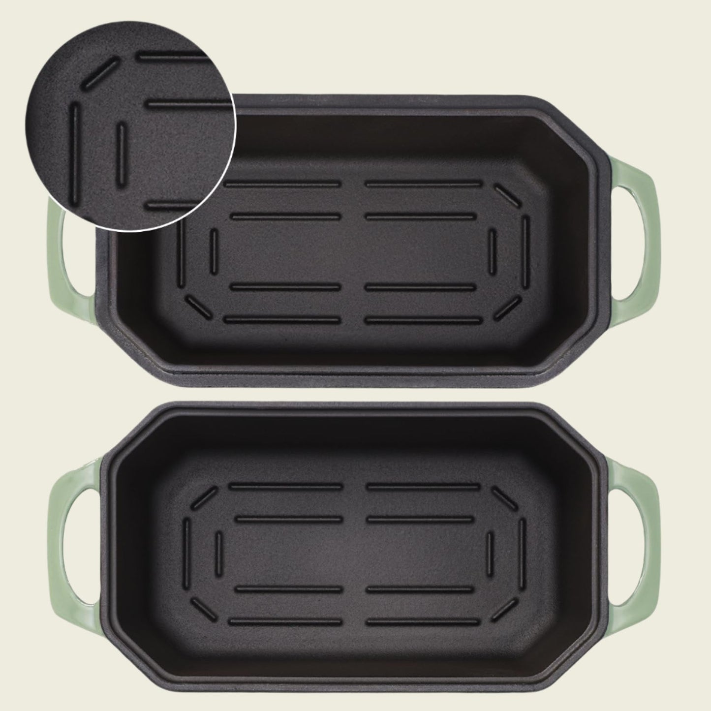 Two black loaf pans with green handles on a white background, highlighting the design for easier bread removal.