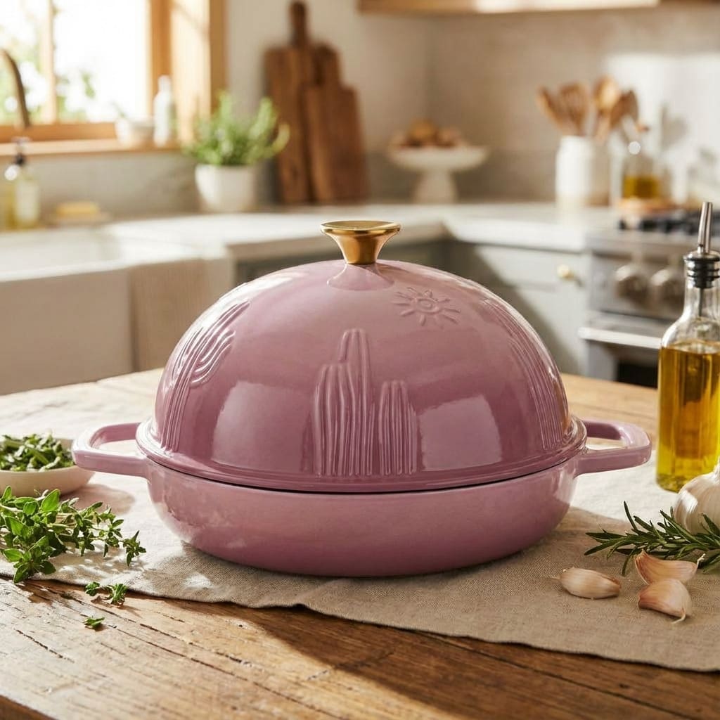 Pink cast iron bread baker with lid on a kitchen counter