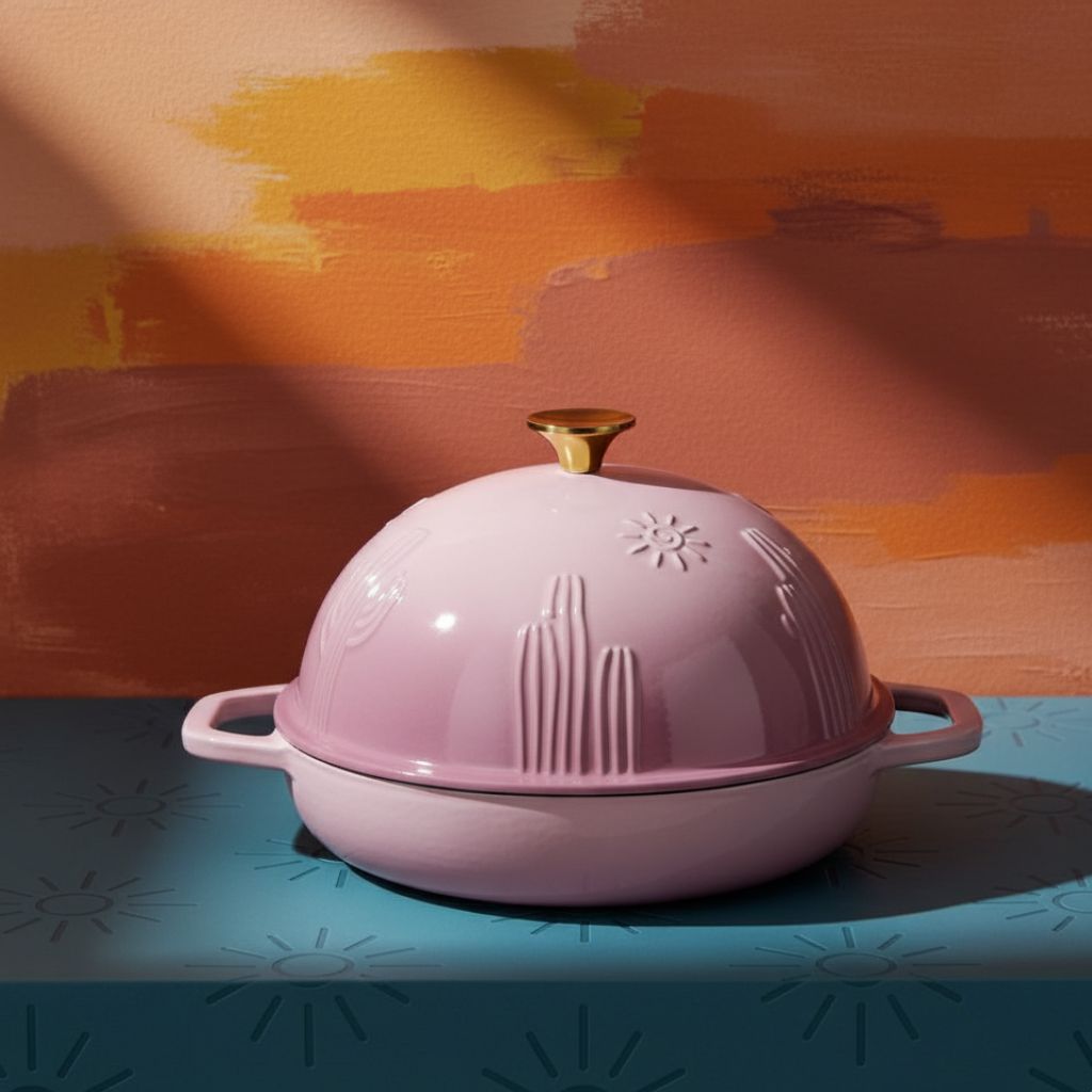 Pink cast iron bread baker with gold lid on a colorful background