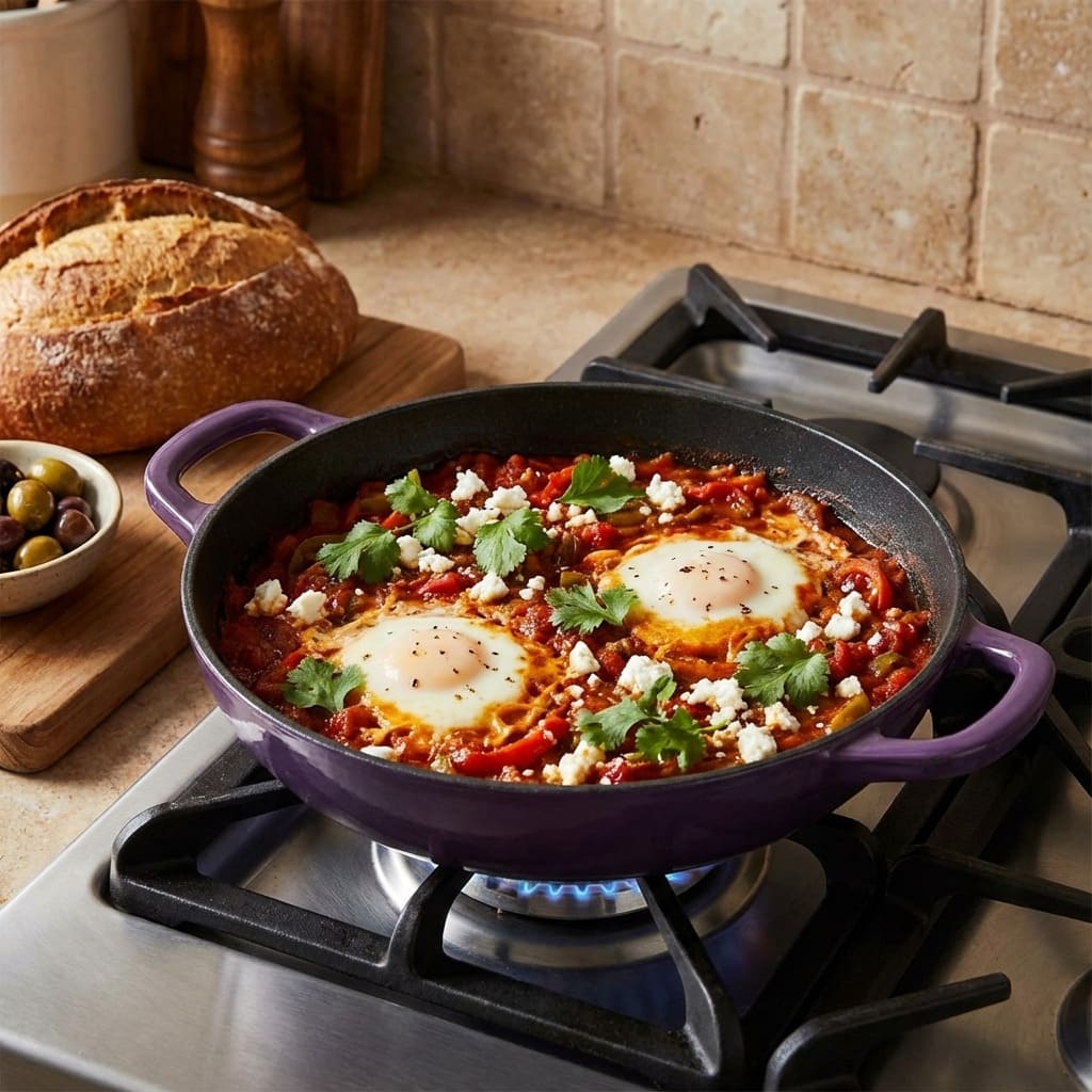 Purple frying pan with eggs and vegetables on a stove, bread and olives in the background