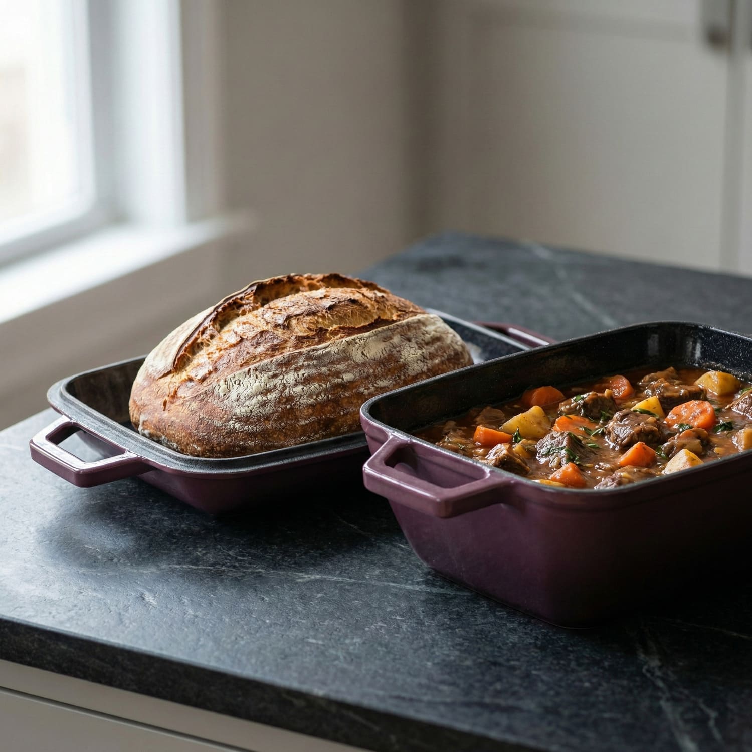 Plum purple oval bread oven with lid and base, beside a roasting dish of vegetables Plum Purple (enamelled)