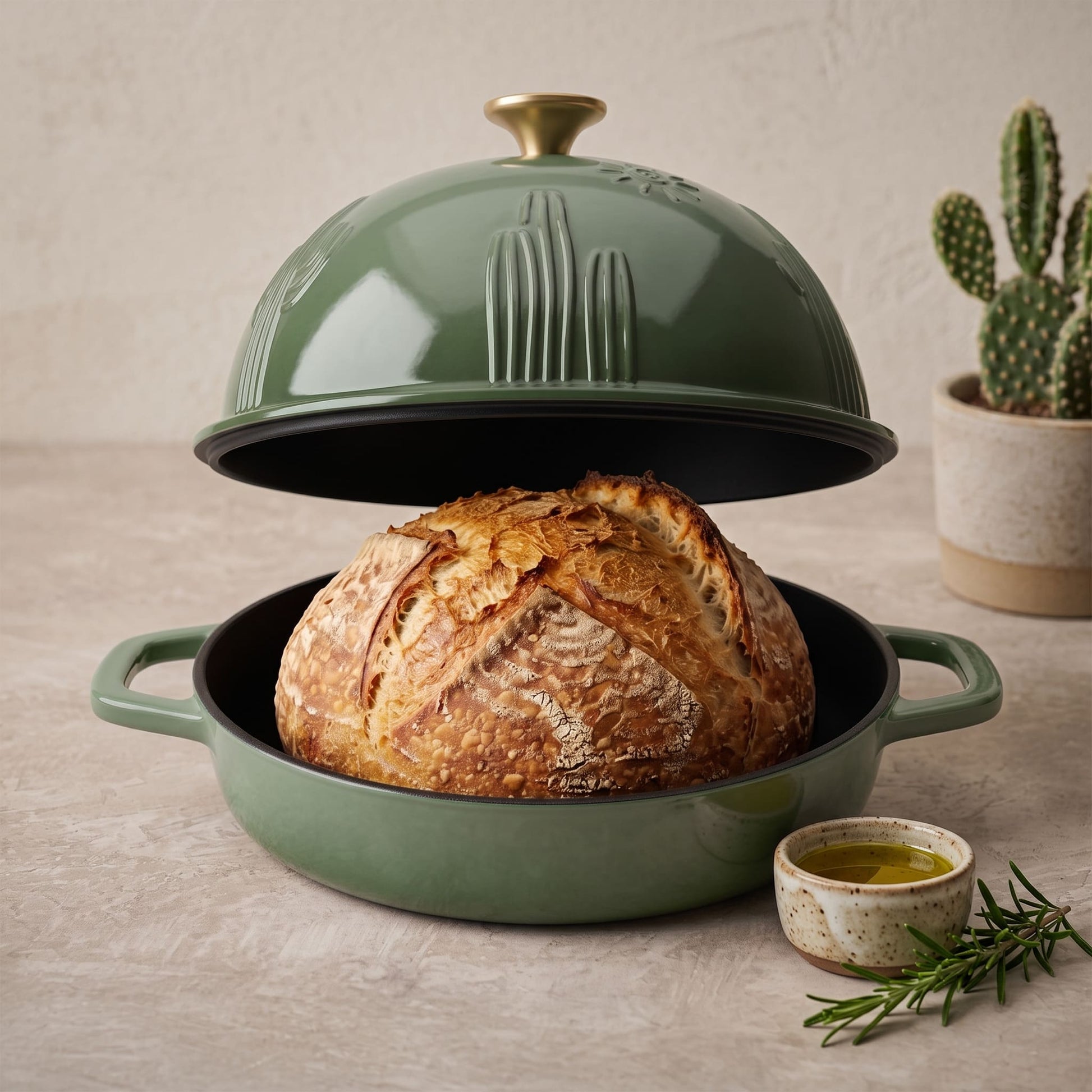 Enamelled cast iron Dutch oven in sage green, open with sourdough loaf inside