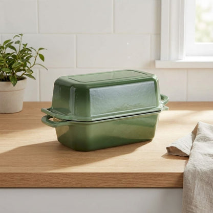Green cast iron loaf pan with lid on a wooden surface in a kitchen setting