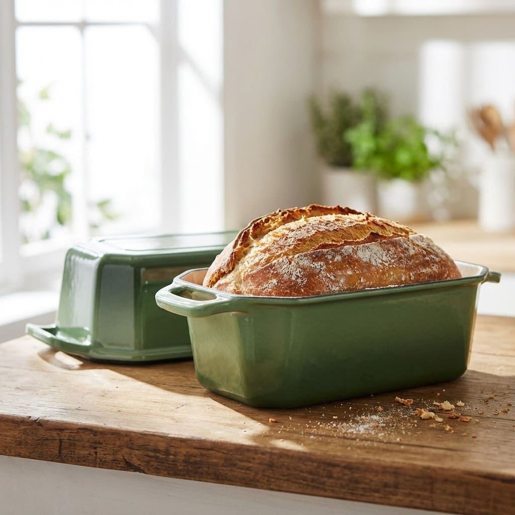 Loaf of bread in a green cast iron loaf pan on a wooden surface with a blurred kitchen background.