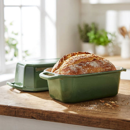 Loaf of bread in a green cast iron loaf pan on a wooden surface with a blurred kitchen background.