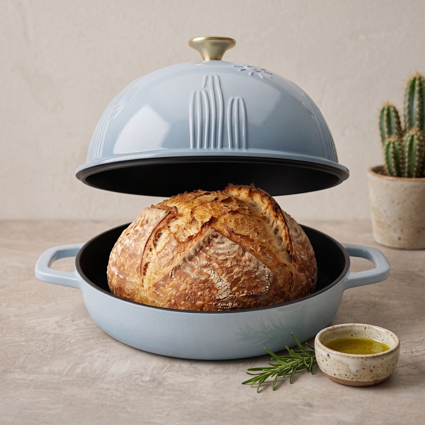 Enamelled cast iron Dutch oven in slate blue, open with sourdough loaf inside