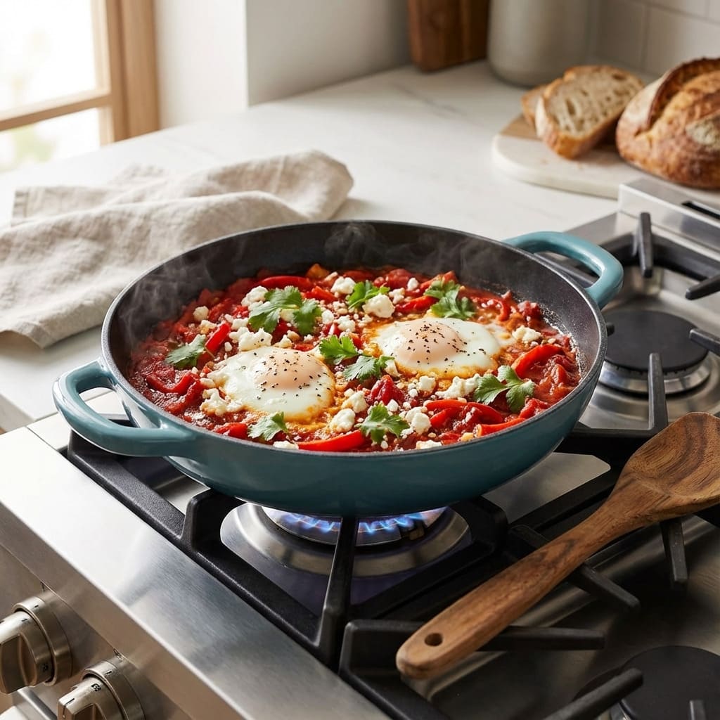 Blue skillet with shakshuka on a stove, surrounded by bread and a wooden spoon.