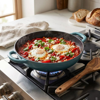 Blue skillet with shakshuka on a stove, surrounded by bread and a wooden spoon.
