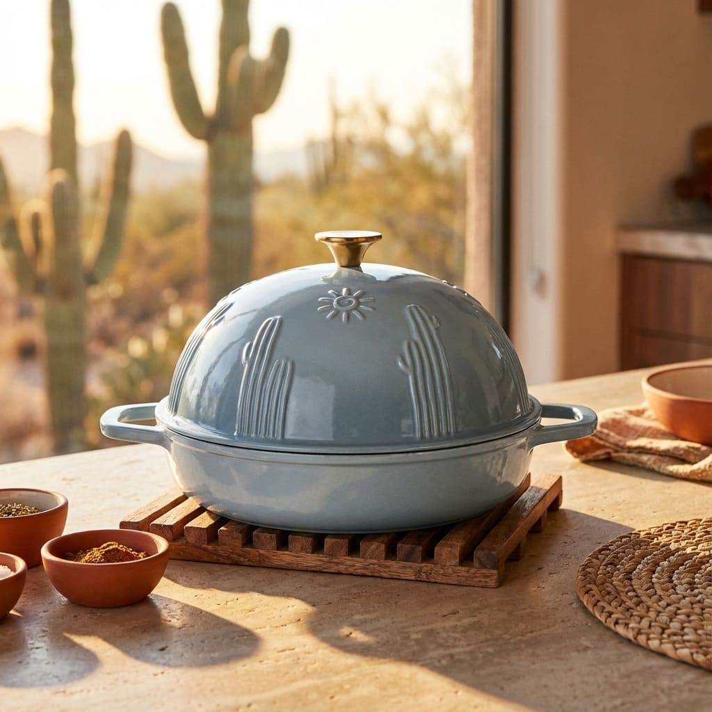 Blue cast iron dutch oven with lid on a wooden stand in a desert setting