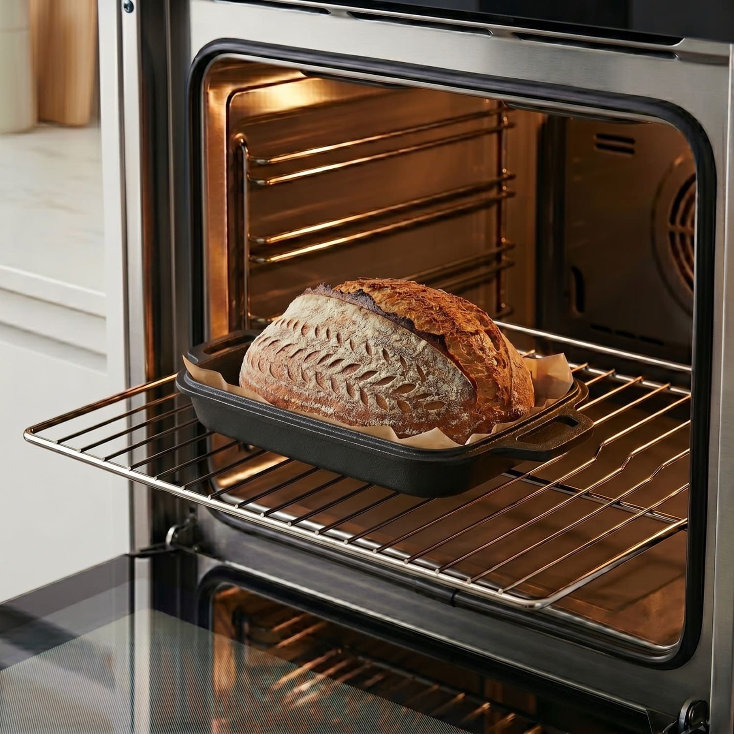 Oval bread oven inside an oven with a baked loaf on the rack Black (Pre-Seasoned)