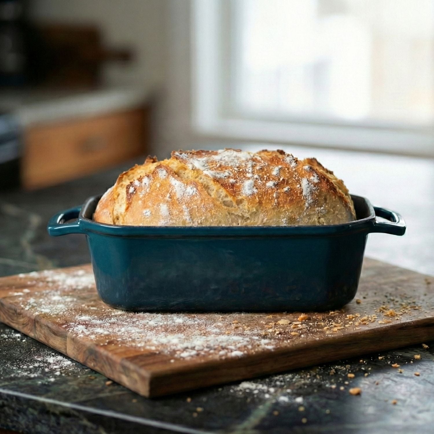 Loaf of bread in a blue baking dish on a wooden cutting board in a kitchen.