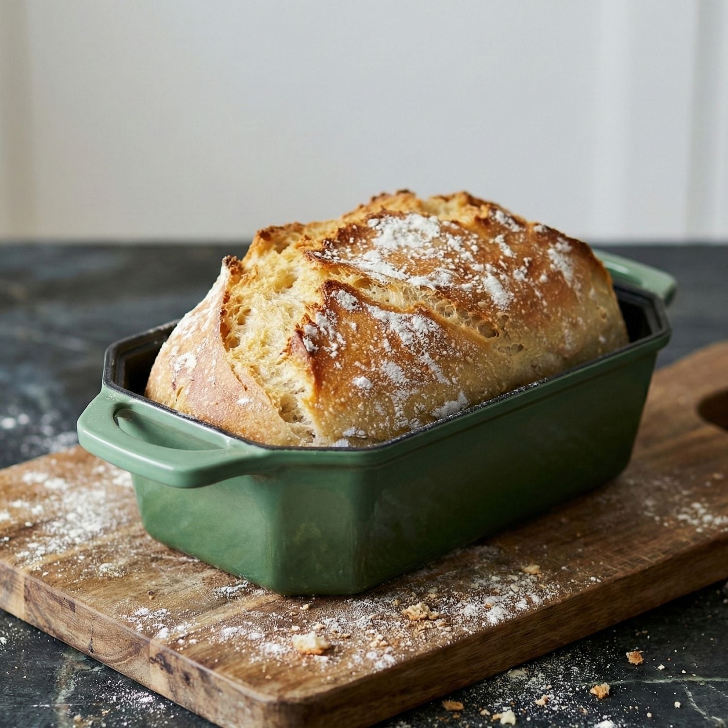 Loaf of bread in a green baking dish on a wooden cutting board