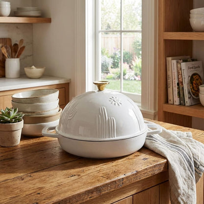 White cast iron dutch bread oven with cloche lid on a wooden surface in a kitchen setting 