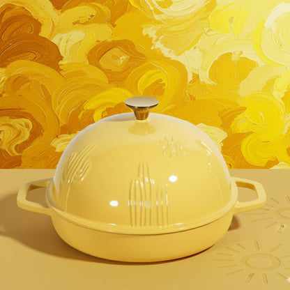 Yellow enameled cast iron dutch oven with a dome lid on a yellow background