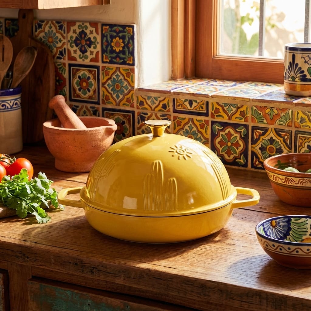 Yellow cast iron dome on a wooden kitchen counter with colorful tile backsplash